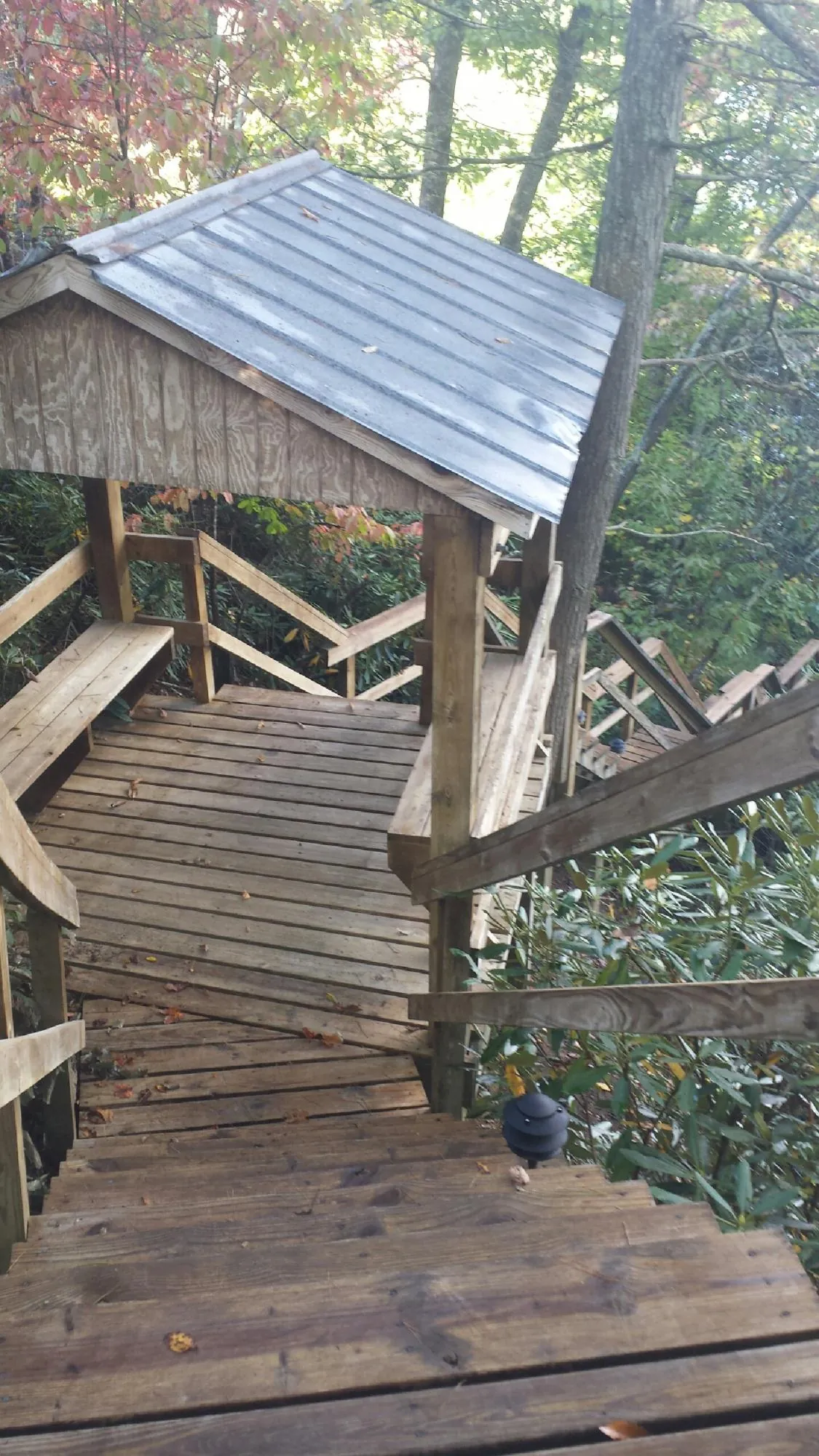 Metal roofed shelter over wooden steps on a wooded walkway — Skylight Repair & Installation work by our crew in Hugo
